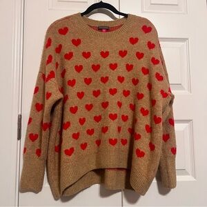 Vince Camuto Tan Sweater with Red Heart Pattern